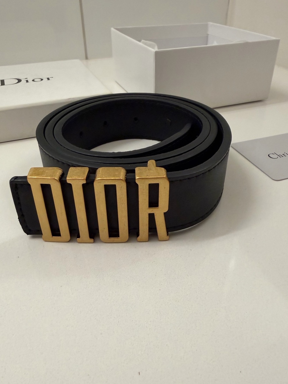 Dior Black Leather Belt with Gold DIOR Letter Buckle